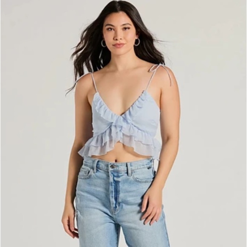 Windsor (L) Light Blue Ruffle Chiffon Cropped Spaghetti Strap Tank Top Going Out